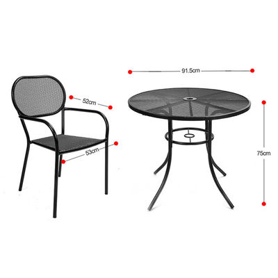 Outdoor Bistro Cafe Garden Courtyard Patio Metal Iron Round Tables And Chair Set with Umbrella Hole in Modern Design