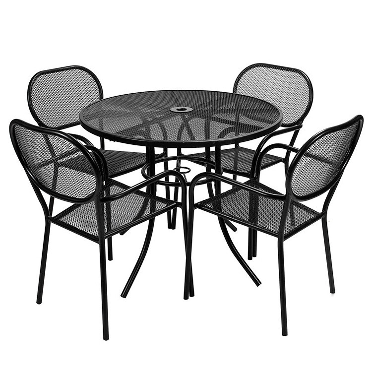 Outdoor Bistro Cafe Garden Courtyard Patio Metal Iron Round Tables And Chair Set with Umbrella Hole in Modern Design