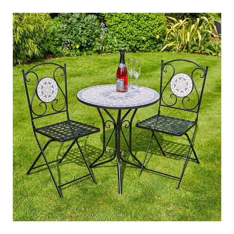 Park Foldable Metal Table and Chair Set for Garden Backyard Antique Mosaic Bistro Set