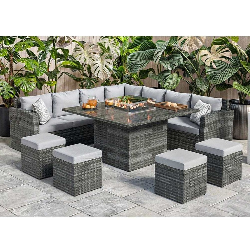 Fire-Pit Dining Table Size L130xW130xH60cm 11 Seater Corner Sofa Patio Furniture Set
