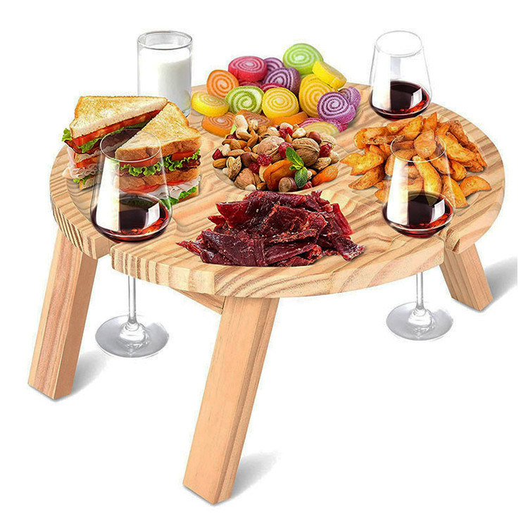 Wooden Portable Folding Round Tray Table for Outdoor Camping Beach Travel and Picnics